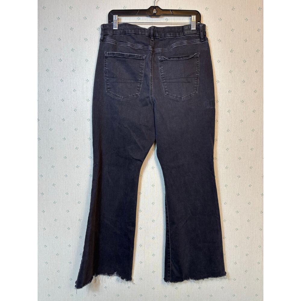 American Eagle Curvy Super High Rise Flare Jeans size 14 Short Dark Wash Ripped - Picture 5 of 10